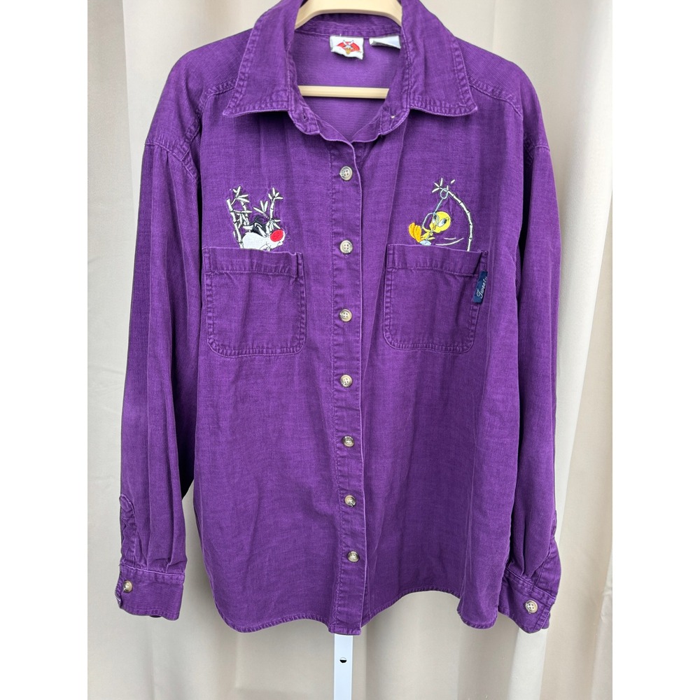Vintage '00‎ Looney Tunes Purple Corduroy Shirt Tweety Sylvester Embroidered M